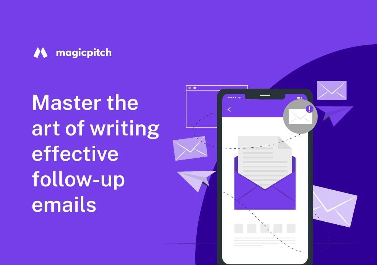 Mobile phone with email graphics and text 'Master effective follow-up emails' on a purple background.